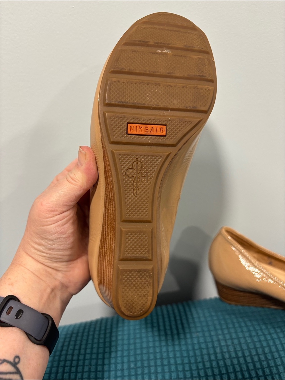 Women’s Cole Haan Tan Patent Peep-Toe Wedge Pumps - Picture 4 of 6